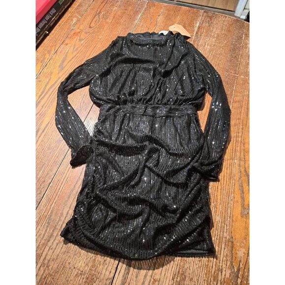 New HYFVE Black Sequin Sheer Sleeve Bodycon Mini Dress Small Mock Neck NWT - Picture 1 of 7